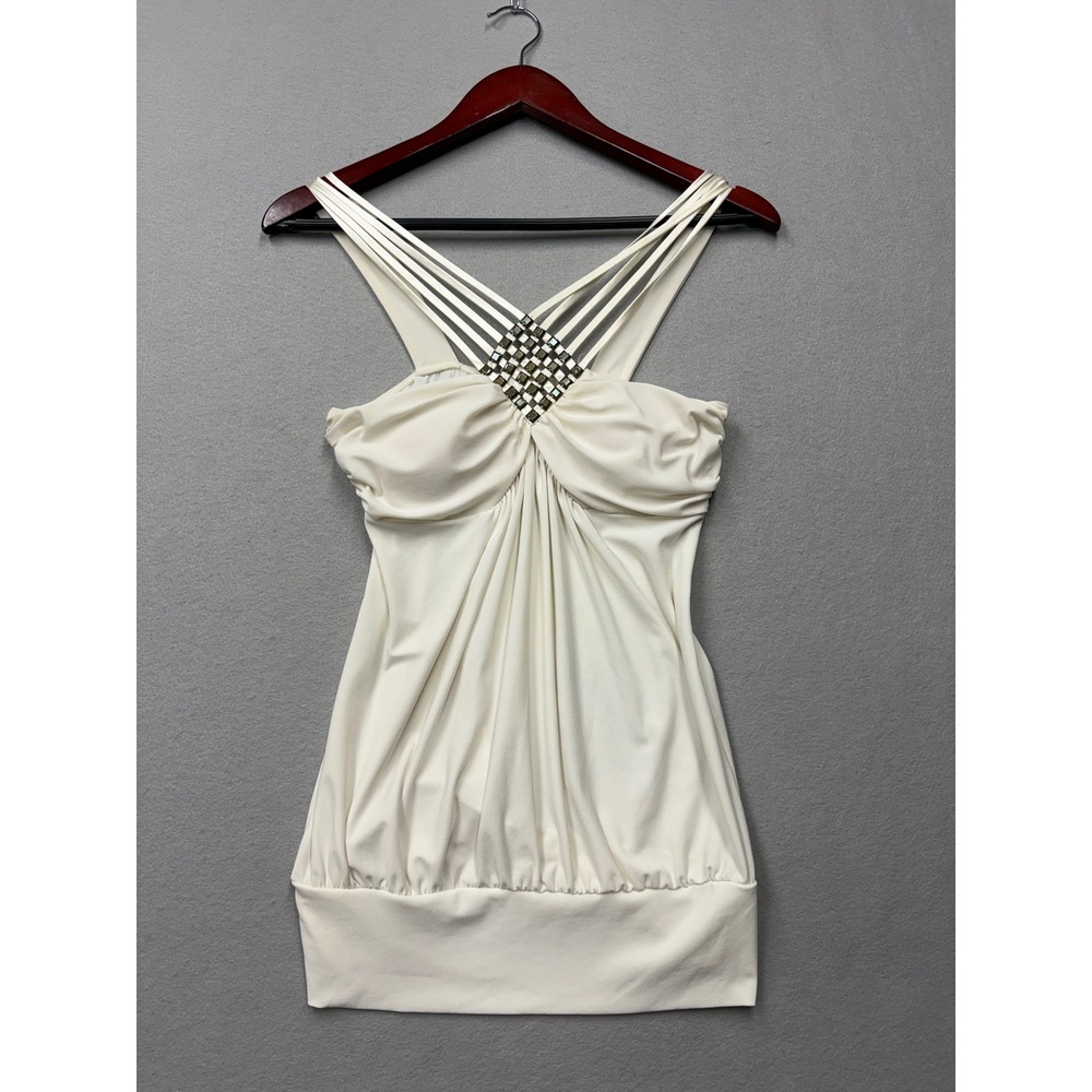 Lipstick Tank Top Women S Cream Y2K Rare Studded Strappy Cage Neck Embellished